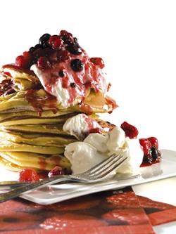 Pancakes with mascarpone cream and mixed berries confiture