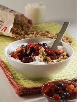 Sheep yogurt with granola, strawberry and mixed berries confiture